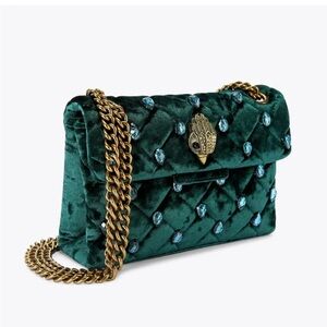 NWT Kurt Geiger Mini Kensington Crystals in Green Quilted Velvet w Brass Chain